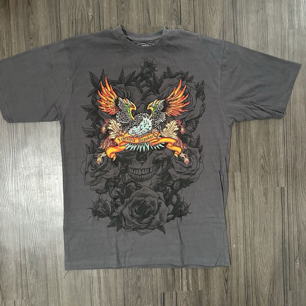 Avirex Black Graphic Shirt Eagle Bling Glitter Men’s Size Large Y2K Style Biker
